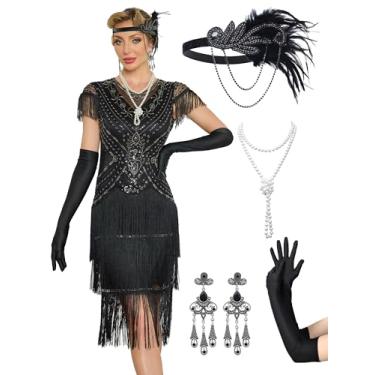 Imagem de RRYIO Vestidos melindrosa anos 20 para mulheres, vestidos Gatsby de gola redonda com manga vestido ruidoso dos anos 20 para noites do Harlem (preto, prata, G)