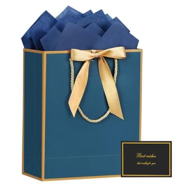 Imagem de YoungTree 1 bolsa de presente grande com fita e 1 cartão de felicitações, 2 papéis de seda, bolsa de presente de papel portátil com alças, sacolas de presente de aniversário, sacolas de presente para