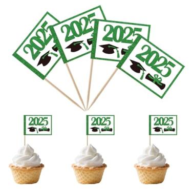 Imagem de TMHTMH 100 peças 2025 tema formatura cupcake palito bandeiras, mini 2025 graduação boné diploma cupcake festa decorações suprimentos, decoração de cupcake coquetel fruta (verde)