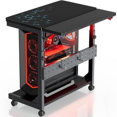 Imagem de Suporte de torre de computador ajustável em altura, suporte para CPU de 2 níveis sob a mesa, estojo para jogos, carrinho com rodinhas e mouse pad, mesa de canto dobrável para laptop móvel