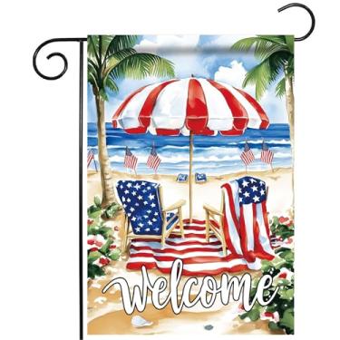 Imagem de Morigins Welcome 4th of July Bandeira de jardim dupla face patriótica cadeira de praia palmeiras costeiras decorativas quintal exterior náutico verão 12,5 × 18 polegadas