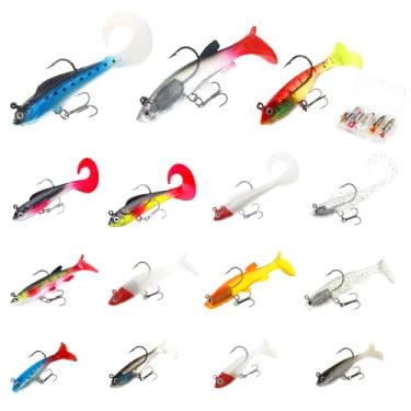 Imagem de 15 iscas de pesca pré-equipadas com corpo de plástico macio, prontas para usar para água doce e salgada, perfeitas para pescadores de robalo, truta, peixe-gato