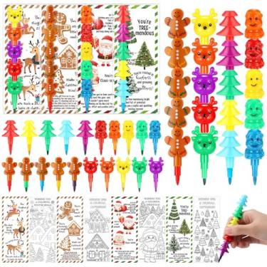 Imagem de Tenceur 24 conjuntos de cartões de colorir de presente de Natal para estudantes com giz de cera empilhável, alce, papai noel, árvore de Natal, pão de gengibre, giz de cera empilhável para sala de aula