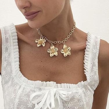 Imagem de Colar de gargantilha de flor para mulheres, colar de declaração de flor dourada joias em camadas, presentes de amizade para mulheres, presentes de Natal, dia dos namorados, Medium, Latão, Sem Pedra