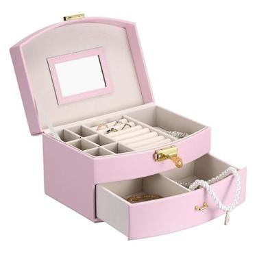 Imagem de ELLDOO Caixa de joias musical com gaveta, caixa de música rosa, pequena caixa de armazenamento de joias de presente para meninas e mulheres (melodia: You are My Sunshine)