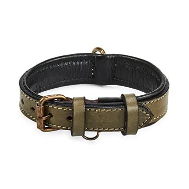 Imagem de Coleira para cachorro de couro real acolchoada interior macio com visual vintage premium feito à mão com anel de etiqueta para animais de estimação pequenos médios e grandes (pequeno (2,54 cm de largura para 27,32 cm - 35,88 cm de pescoço), oliva)