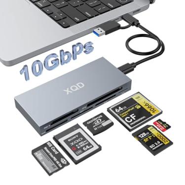 Imagem de Leitor de cartão XQD 6 em 1 USB-C 3.2 Gen 2 10 Gbps — Leitor de cartão de memória de alta velocidade para câmeras Sony Nikon Canon — Compatível com cartões XQD CF SD MicroSD MS XD (cabo USB-C/USB-A