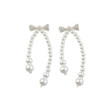 Imagem de SRWRPR Brincos de pérola de laço longo para mulheres, brincos pendentes de pérola banhados a ouro, hipoalergênico, elegante, brinco de borla de pérola dourada para meninas, presente de aniversário,