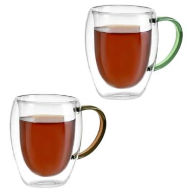 Imagem de Kit Conjunto 2 Xícaras de Vidro Borossilicato Parede Dupla 350ml Transparente com Alça Colorida - 1 Verde e 1 Marrom