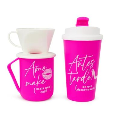 Imagem de Kit Café Rosa Pink com Copo, Caneca e Coador | 3 Peças | Portátil para Viagem, Trabalho e Dia a Dia