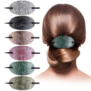 Imagem de Grampos de cabelo ovais de couro sintético boêmio clássico, 6 peças com barras de pressão de madeira para suportes de rabo de cavalo, acessórios de cabelo vintage para mulheres e meninas