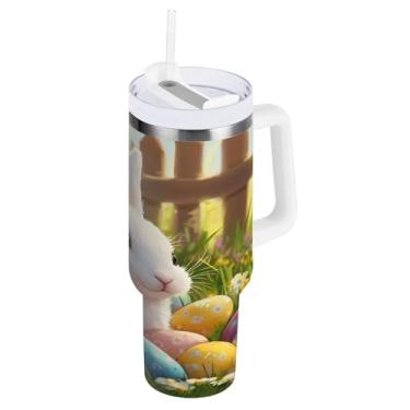 Imagem de STAYTOP Copo de ovos de Páscoa e coelhos fofos de 1,134 g com tampa e palha, copo isolado de aço inoxidável durável à prova de vazamento com alça, garrafas de água à prova de derramamento para viagens