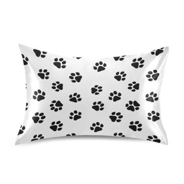 Imagem de Capas de almofada de cetim branco com estampa de pata de cachorro preto padrão de resfriamento king queen cores macias para cama tamanho padrão 66 cm x 50 cm