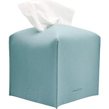 Imagem de Carrot's Den Suporte de caixa de lenços quadrado com cinto na parte inferior, couro PU organizador decorativo para mesa banheiro carro escritório (azul claro)