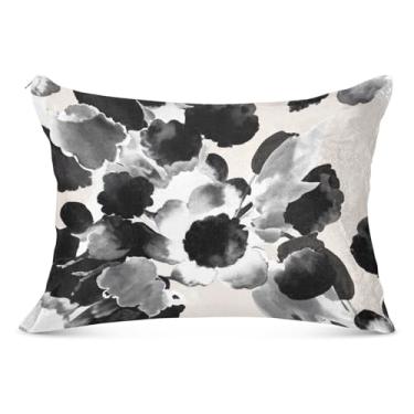 Imagem de Capas de almofada decorativas em aquarela floral preto branco fronha de flanela king queen padrão fronha de cama macia, tamanho padrão, 50,8 cm x 66 cm