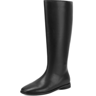 Imagem de SLXCHBSL Botas de cano alto planas femininas – Botas altas casuais para caminhada com zíper lateral | Botas de cano alto confortáveis Botas de viagem para outono e inverno, Preto, 38