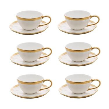 Imagem de Cj 6 Xícaras P/Café C/Pires de Porcelana Branco/Dourado Dubai 90ml Wolff