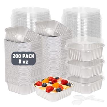 Imagem de DeziWood Pacote com 200 mini formas de bolo de alumínio prateadas de 227 g com tampas e colheres, copos quadrados descartáveis, ramequins de folha segura para forno, para sobremesas individuais