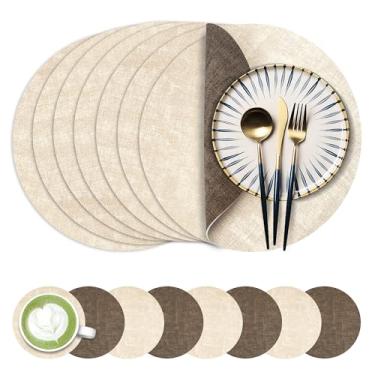 Imagem de Jogo americano redondo de couro sintético de 33 cm, conjunto de 8, tapetes de mesa impermeáveis antiderrapantes de dupla face, tapetes de mesa laváveis resistentes ao calor com porta-copos para uso