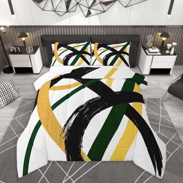 Imagem de Feelyou Conjunto de edredom preto dourado e verde para todas as estações, moderno, abstrato, geométrico, com 2 fronhas, minimalista, de microfibra neutra e Queen, respirável, macio e leve