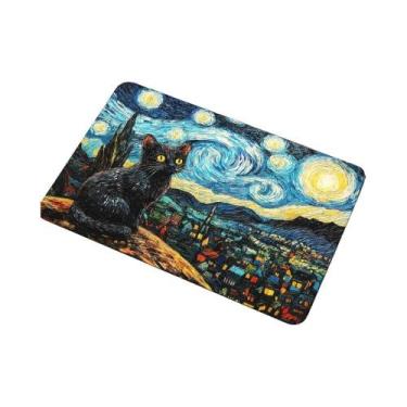 Imagem de Tapete De Arte Gato Noite Estrelada Antiderrapante Resistente Ao Desga