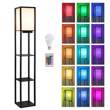 Imagem de Simple Designs LF1037-BLK-CCLB Luminária de chão organizadora de três prateleiras com 2 portas USB duplas e tomada de carregamento, preta, com lâmpada LED que muda de cor incluída