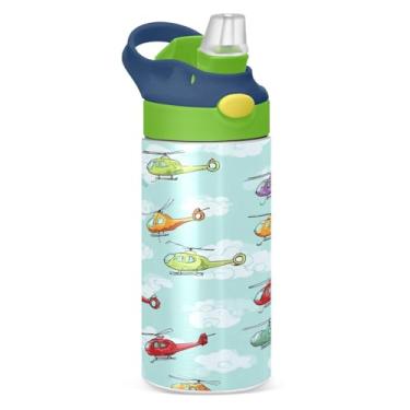 Imagem de Garrafa de água infantil com tampa de palha, helicópteros, garrafa de água isolada, copo a vácuo de parede dupla, garrafa de aço inoxidável à prova de vazamento para meninos e meninas, crianças, 340 g