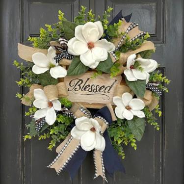 Imagem de Guirlanda de magnólia para porta da frente com placa abençoada e laço xadrez de búfalo - guirlanda de fazenda de 55 cm para decoração de varanda, presente de inauguração de casa, decoração de porta