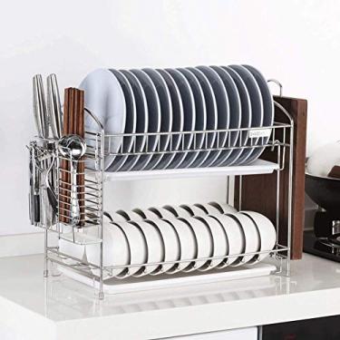 Imagem de Escorredor de pratos de 2 níveis, prateleira de armazenamento de suprimentos de cozinha, prateleira de drenagem com pauzinhos/facas/suporte de tábua de cortar dreno (2 camadas 53 x 23,5 x 38 cm