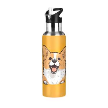 Imagem de Wassud Garrafa de água fofa Corgi de aço inoxidável esportiva com canudo garrafas de água isoladas copo portátil de viagem 623 g