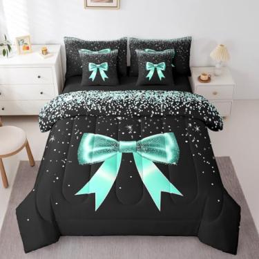 Imagem de Erosebridal Conjunto de edredom completo com laço verde e laço de princesa sonhadora para decoração de quarto de crianças, meninos e meninas, linda cama com laço de princesa em uma bolsa, preto