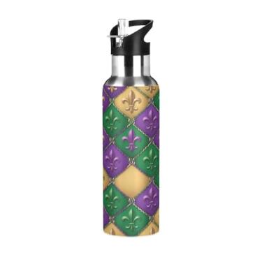 Imagem de Wassud Garrafa de água Mardi Gras Diamond Grid Garrafa de água esportiva de aço inoxidável com canudo garrafas de água isoladas copo portátil de viagem 946 ml