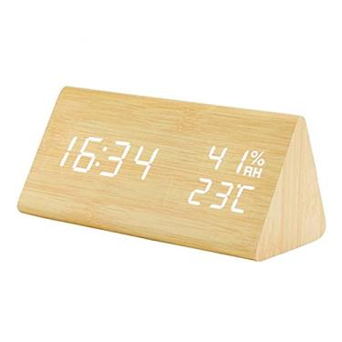 Imagem de Relógio de Alarme Madeira Triangular YJ-5038 com Controle por Voz Display Digital Temperatura e Umidade Eletrônico Estilo Simples Lazer Tela Alta Definição Função Inteligente 3 Níveis Brilho Ajustávei