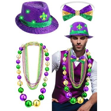 Imagem de Cozypower Conjunto de 3 peças de acessórios de fantasia de carnaval masculino inclui chapéu de lantejoulas aceso Mardi Gras gravata borboleta jumbo colar contas para homens artigos de festa