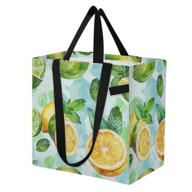 Imagem de SEHANY Sacolas de compras reutilizáveis de verão limão com alças reforçadas, bolsa de compras de lona dobrável à prova d'água de grande capacidade para viagem, cozinha, praia