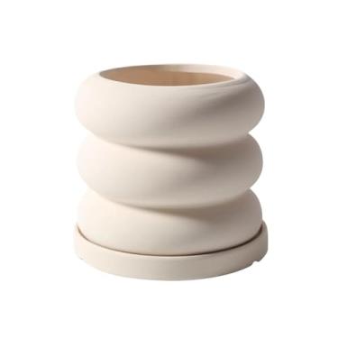 Imagem de KHUTRW3D Vaso de flores de cerâmica bege, vasos pequenos em forma de espiral, com orifícios de drenagem e bandeja de pires, plantador de mesa, para varanda, jardim, escritório, ambientes internos e