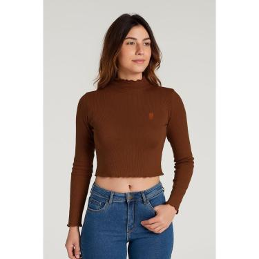 Imagem de Blusa Tricot Feminina Ribana Gola Alta Polo Wear Marrom Medio-Feminino