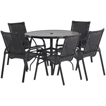 Imagem de 5 Cadeiras E Mesa 100cm Tampo Ripado Alumínio Piscina Jardim Preto