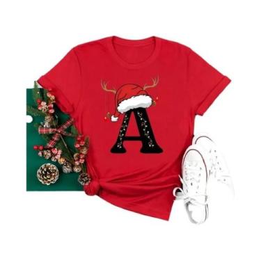 Imagem de Camiseta Feminina Vermelha De Natal Com Alfabeto 26 A-Z Casual Fashion