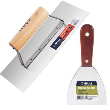 Imagem de Desempenadeira De Aço + Espátula Com Cabo De Madeira 10 Cm - Atlas