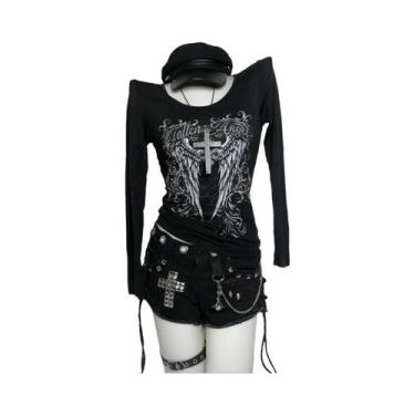 Imagem de Camiseta Feminina Retro Harajuku Emo Slim Fit Branca De Manga Longa Ca