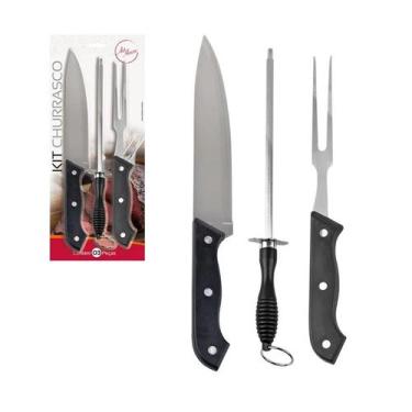 Imagem de Kit Churrasco Aço Inox Faca Garfo Afiador Cozinha 3 Peças - Patty Buen