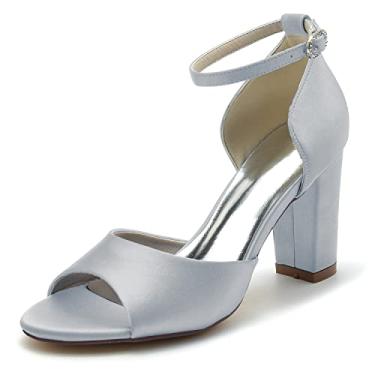 Imagem de Sapatos de noiva femininos de salto alto grossos sapatos de marfim sapatos de cetim sapatos sociais sapatos de salto alto 36-43,Silver,8 UK/41 EU