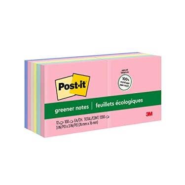 Imagem de Post-it Notas mais verdes, 7,6 x 7,6 cm, 12 blocos, notas adesivas favoritas dos EUA, granulados doces, cores pastel (rosa, azul, menta, amarelo), remoção limpa, material 100% reciclado (654-RP-A)