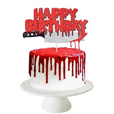 Imagem de Topo de bolo de aniversário de terror para Dia das Bruxas, enfeite de bolo de aniversário "Have a Killer Birthday", topo de bolo de festa de aniversário de sexta-feira a 13 anos, diário de vampiro de zumbi, decorações de bolo, suprimentos de decoração de bolo, glitter vermelho