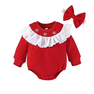 Imagem de Macacão infantil com estampas de Natal e faixa de cabelo com bolhas para bebês meninas, Vermelho, 12-18 Meses