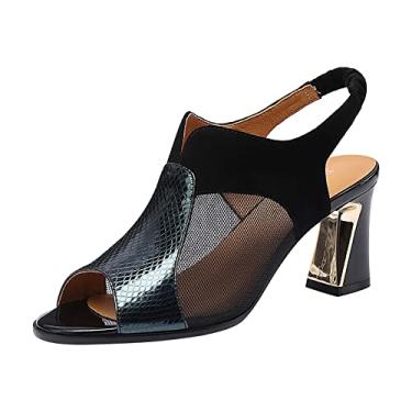 Imagem de Sandálias para mulheres elegantes e confortáveis sandálias de costura de couro femininas grossas com malha oca salto alto sapatos femininos de couro macio feminino sapatos de boca de peixe (preto, 35)