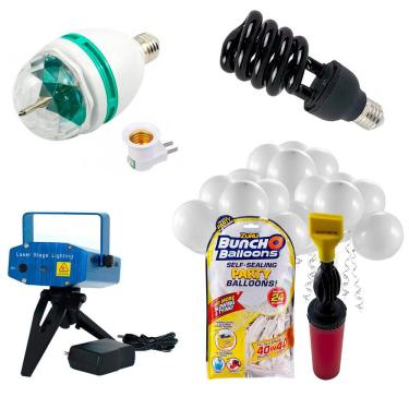 Imagem de Kit Iluminação Decoração de Festa com Bexigas e Inflador Jogo de Luzes Laser Bola RGB Luz Negra 36w 220v