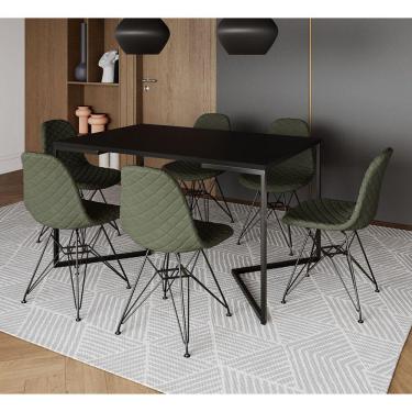 Imagem de Mesa Industrial Retangular Base V 137x90cm Preta C/ 6 Cadeiras Estofadas Eames Verde Aço Preto