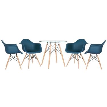 Imagem de Mesa Redonda Eames Com Tampo De Vidro 80 Cm + 4 Cadeiras Eiffel Daw Azul Petróleo
